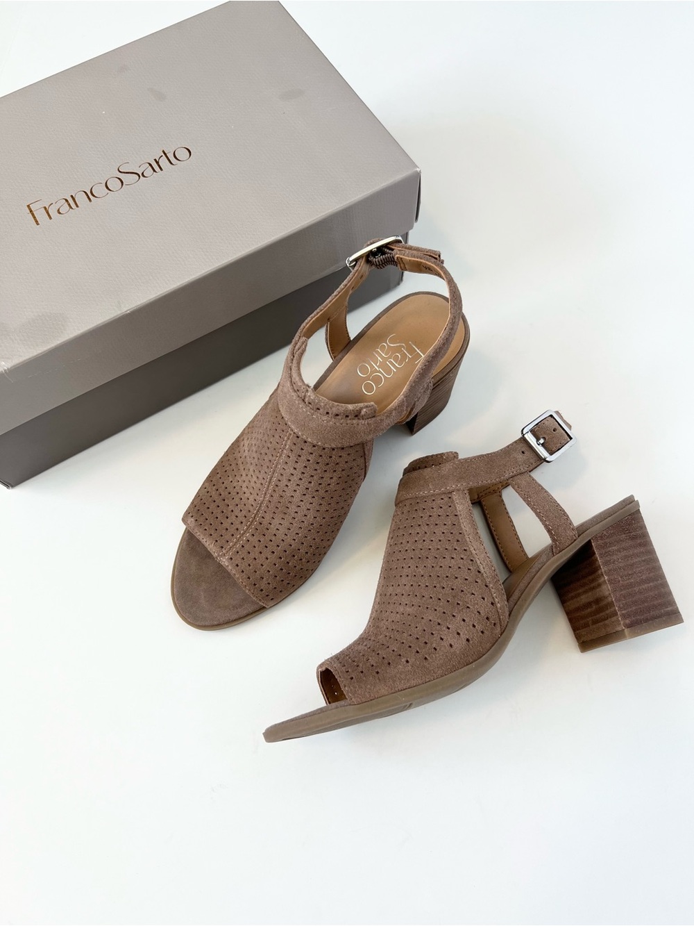Franco Sarto taupe Harlet 2 perforated suede leather peep toe heeled sandal mule